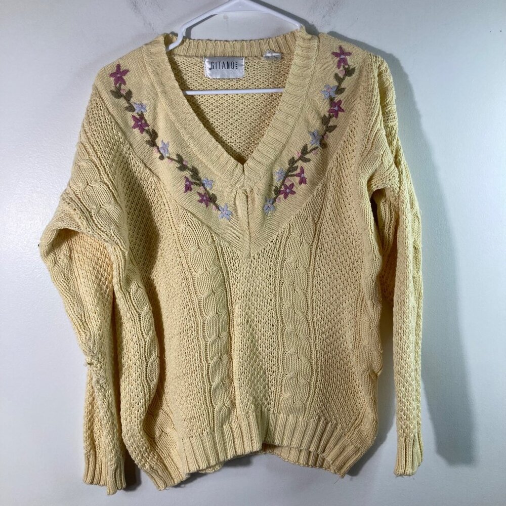 Womens Vintage 80s Gitano V Neck Cable Knit‎ Sweater Floral Yellow L 3/4 Sleeve